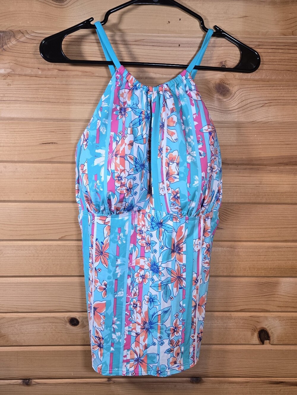 Lands' End Tankini Swimsuit Top Size 16 Bottom Size 14 Floral Aqua Blue Beach